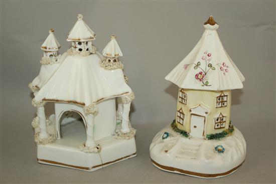 Five Staffordshire porcelain toll house pastille burners, c.1835, height 8.5 - 17cm